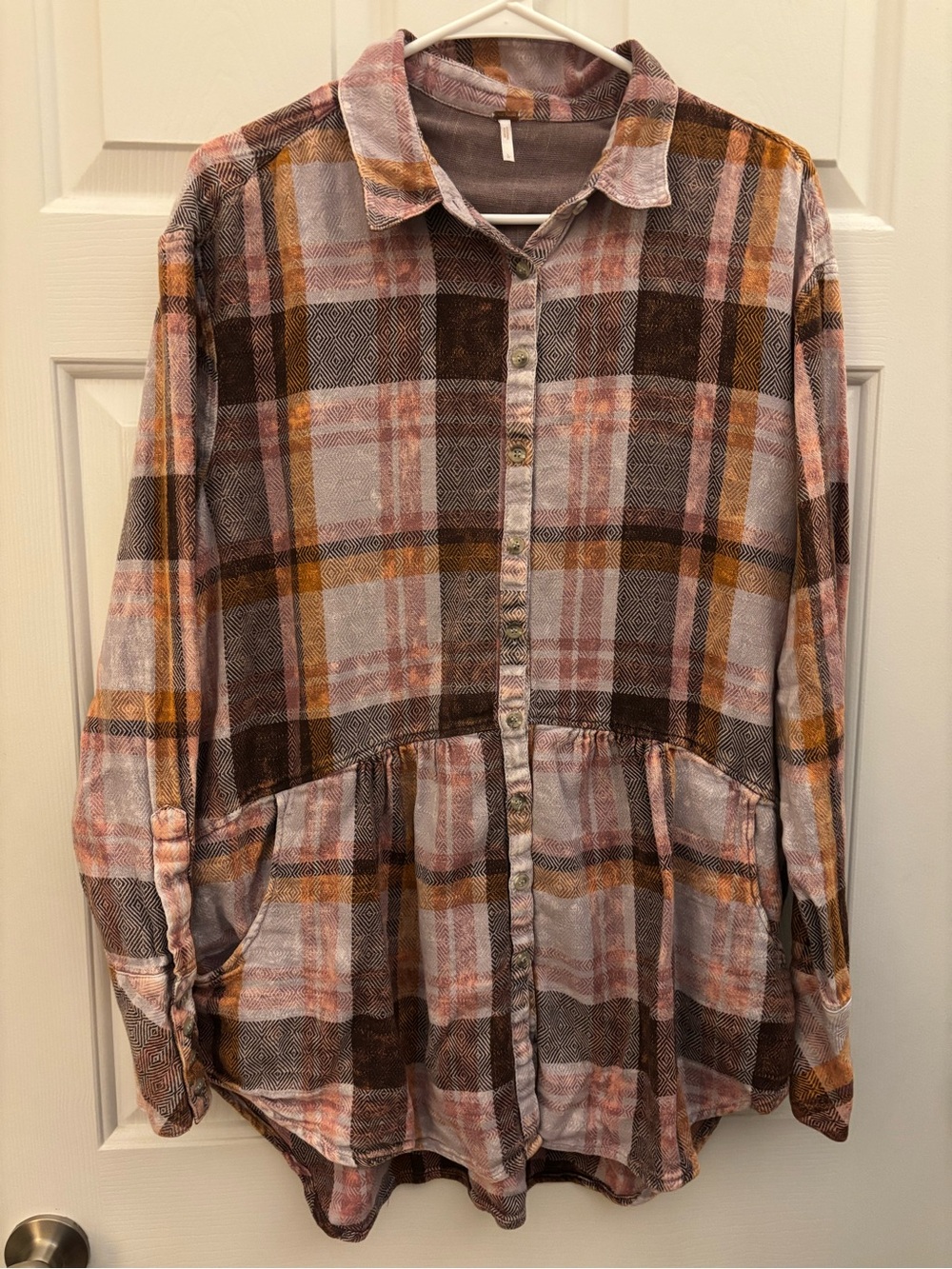 Free People Pink, Brown and Mustard Plaid Tunic Large